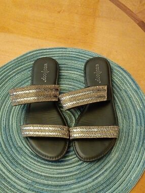 Westloop Beaded Double-Strap Slide Sandals - Black with Metallic Beading Sz 5/6